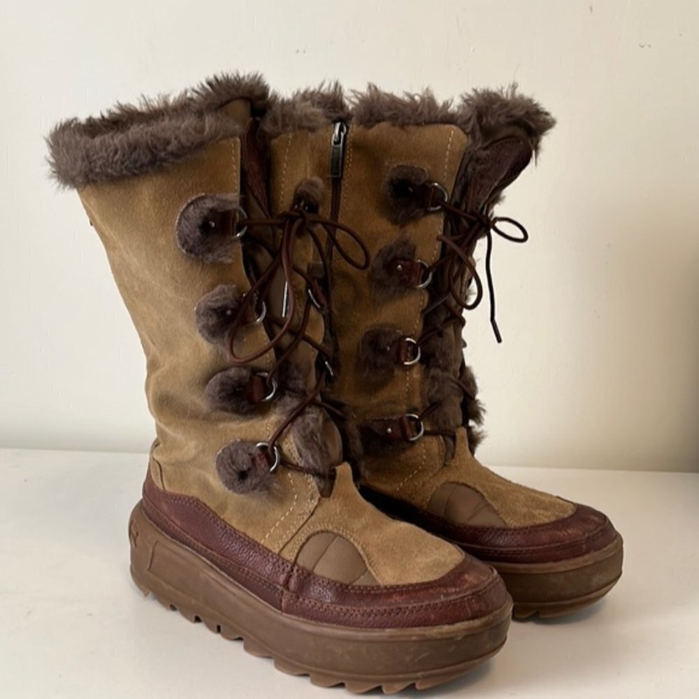 Pajar Tan and Brown Fur-Trim Winter Lace-Up Boots